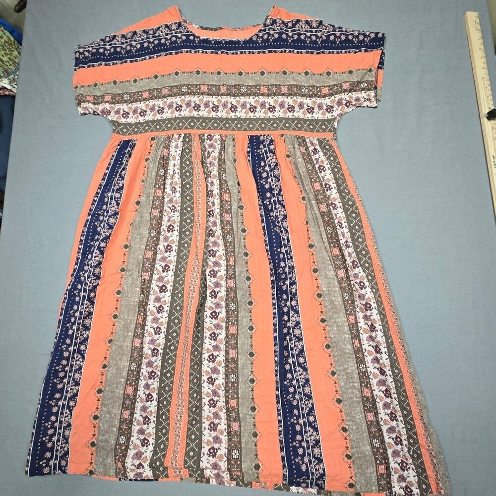 Bohemian Size XL Striped & Floral Print Dress Peach & Brown Boho Cottage Core